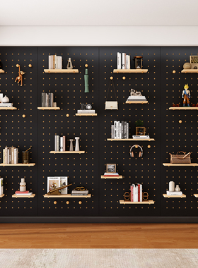 洞洞板定制实木置物架入户玄关黑色造型墙收纳挂板隔板站展示层板