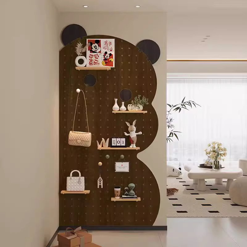 实木小熊胡桃色洞洞板置物架入户