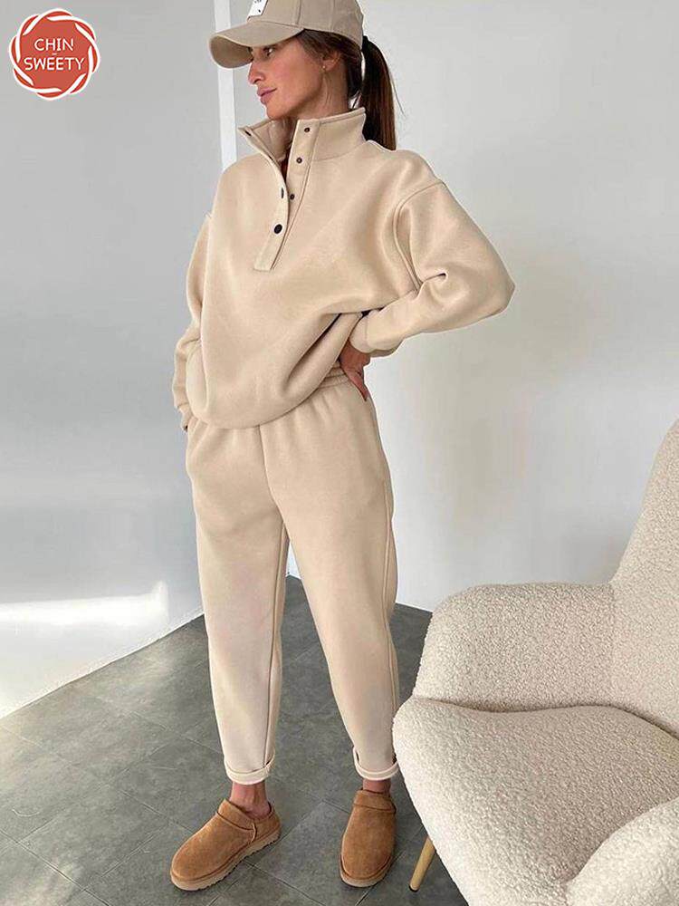 CHIN-SWEETY FLEECE SWEATSHIRT SETS WOMENS CASUAL BUTTONS ST