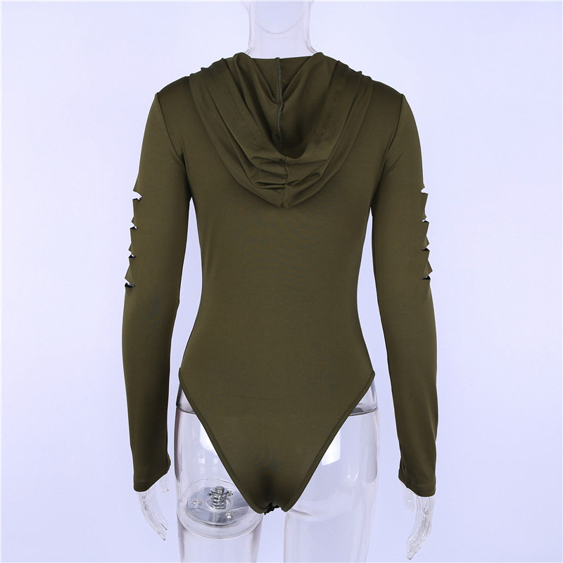 섹시한 후드 지퍼 바디 수트 여성 긴 소매 속이 빈 BOD