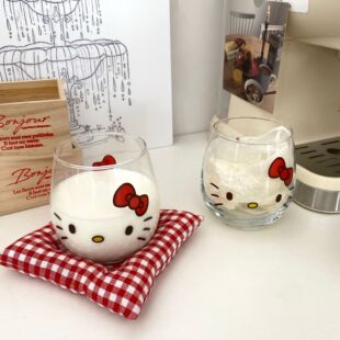 玻璃水杯早餐大容量牛奶杯可爱果汁杯家用透明咖啡杯高颜值猫kt杯