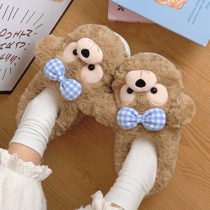 棉拖鞋女秋冬季可爱小熊厚底居家