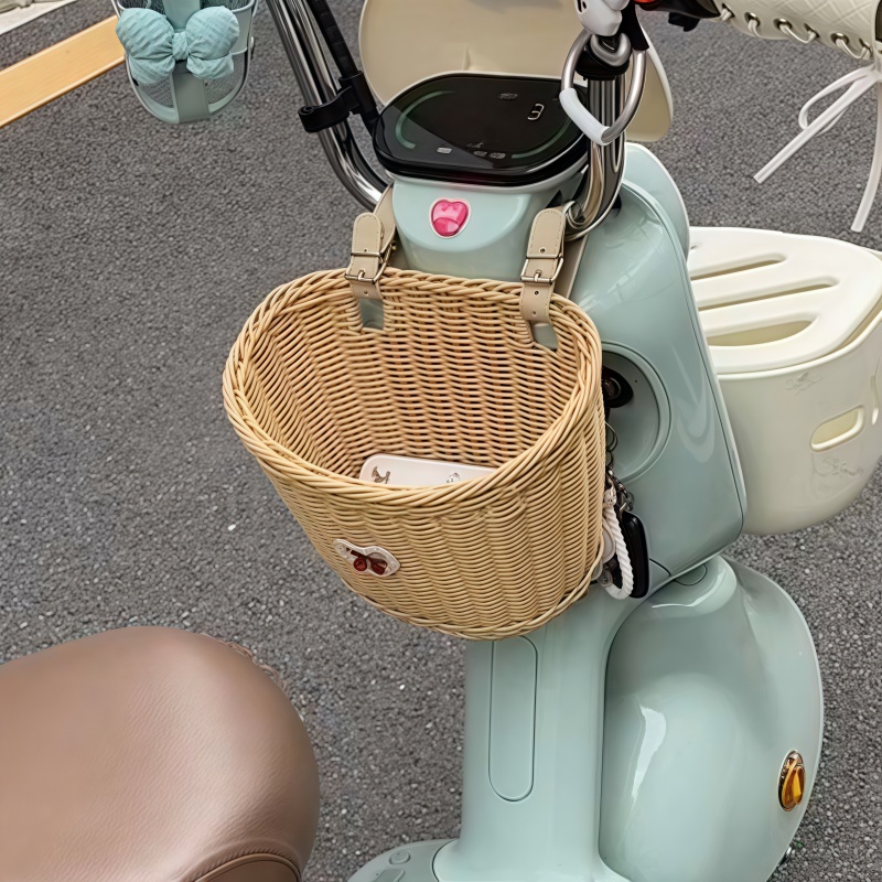 电动车挂包前置藤编车筐电瓶车自行车通用款多功能置物收纳筐神