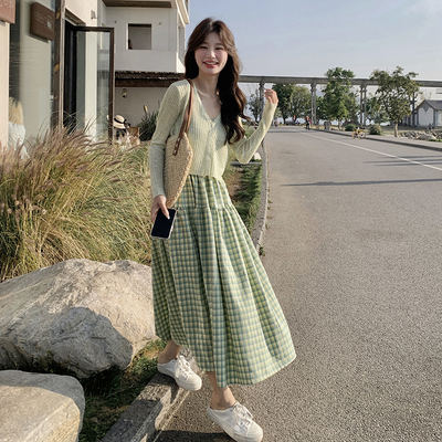 现货主推！度假风吊带连衣裙女甜美格子裙长裙两件套5038P135K198