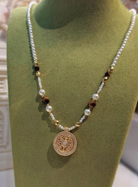 【西娅专属】美拉德虎眼石雕花旋转八宝罗盘珍珠项链秋冬可双面戴