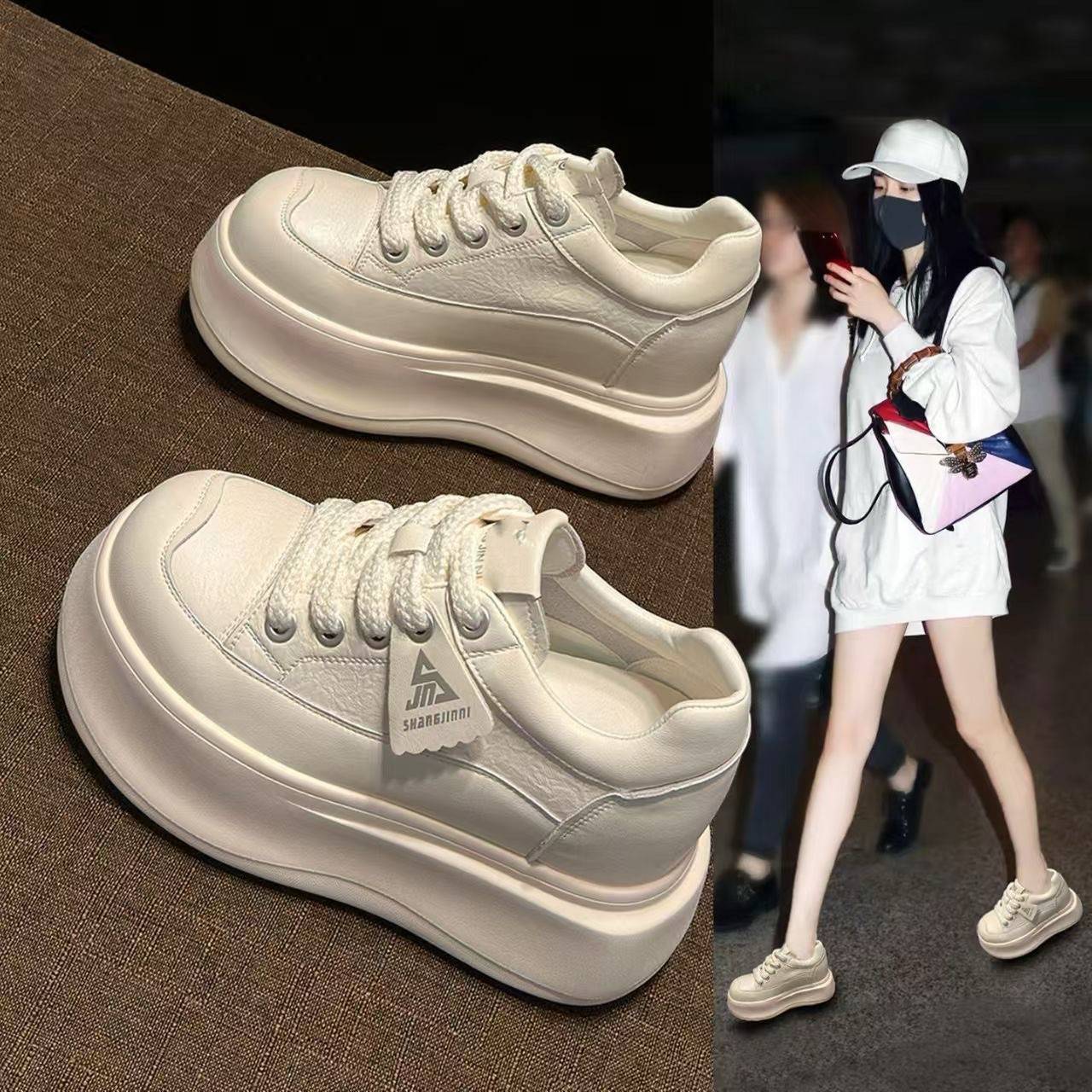 配阔腿裤内增高10cm小白鞋小个子