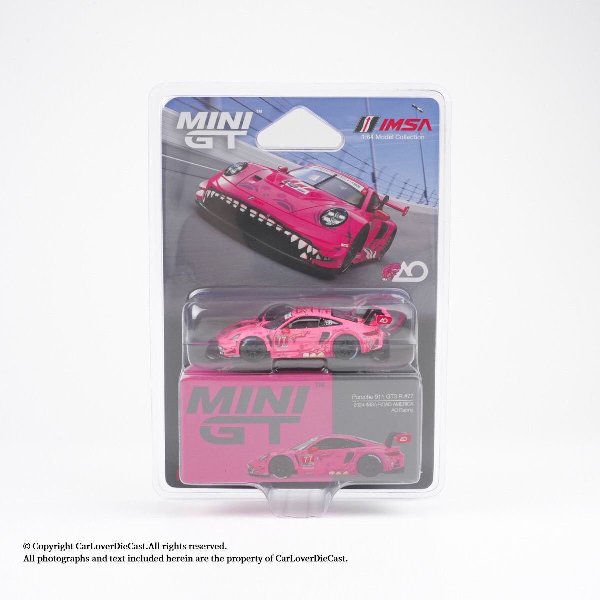 MINIGT1052挂卡粉恐龙保时捷911GT3R#77号赛车64静态合金汽车模型图片