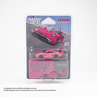 MINIGT1052挂卡粉恐龙保时捷911GT3R#77号赛车64静态合金汽车模型