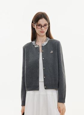 Azmi领口亮片针织开衫外套女春秋季新款小众设计修身显瘦毛衣外搭