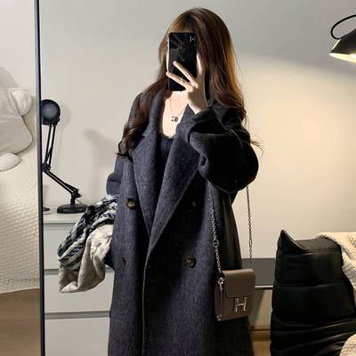 黑灰色双面羊绒大衣女2025秋冬新款中长款羊毛呢子韩系高级感外套