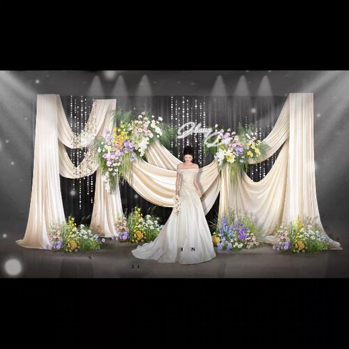 H2韩式香槟色小众布幔婚礼迎宾区效果图婚礼留影素材粉紫绿色花艺