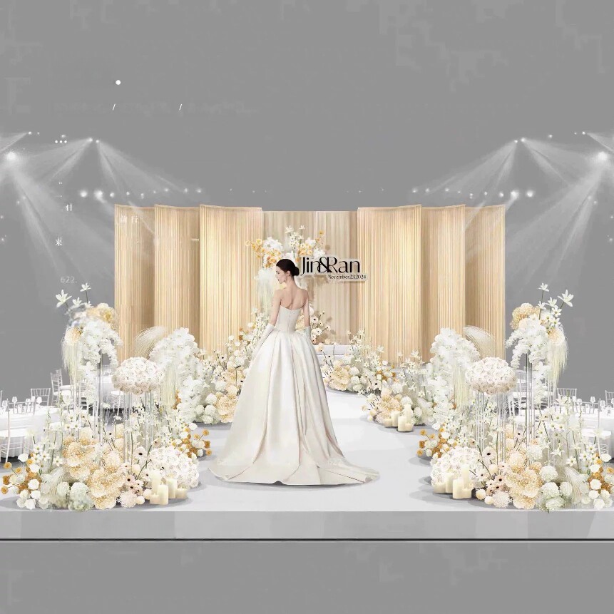 韩式高级香槟色线帘米黄色花艺宴会厅舞台婚礼效果图设计素材ps