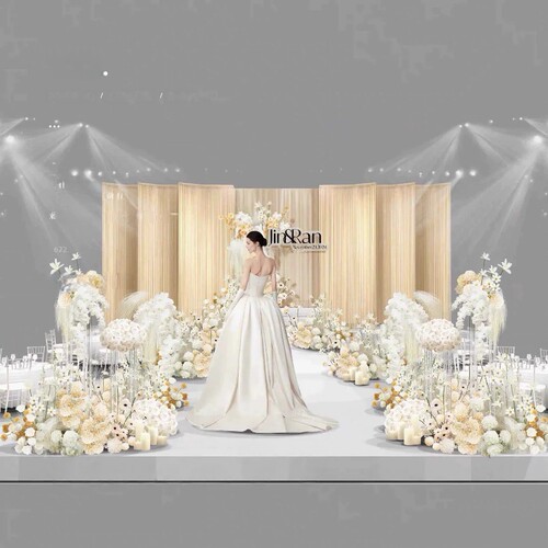 韩式高级香槟色线帘米黄色花艺宴会厅舞台婚礼效果图设计素材ps