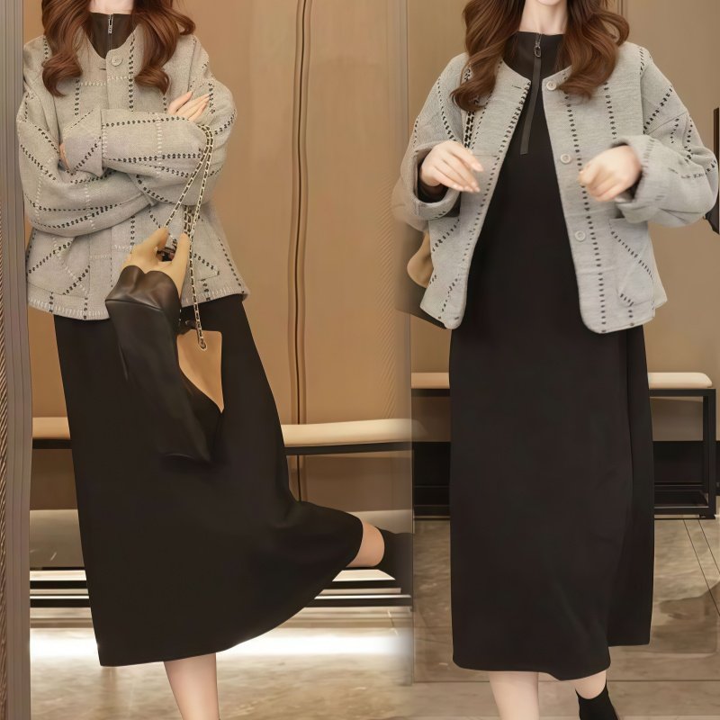 罗芬面料故事旗舰店女装毛呢短款格纹外套搭配连帽黑色卫衣连衣裙