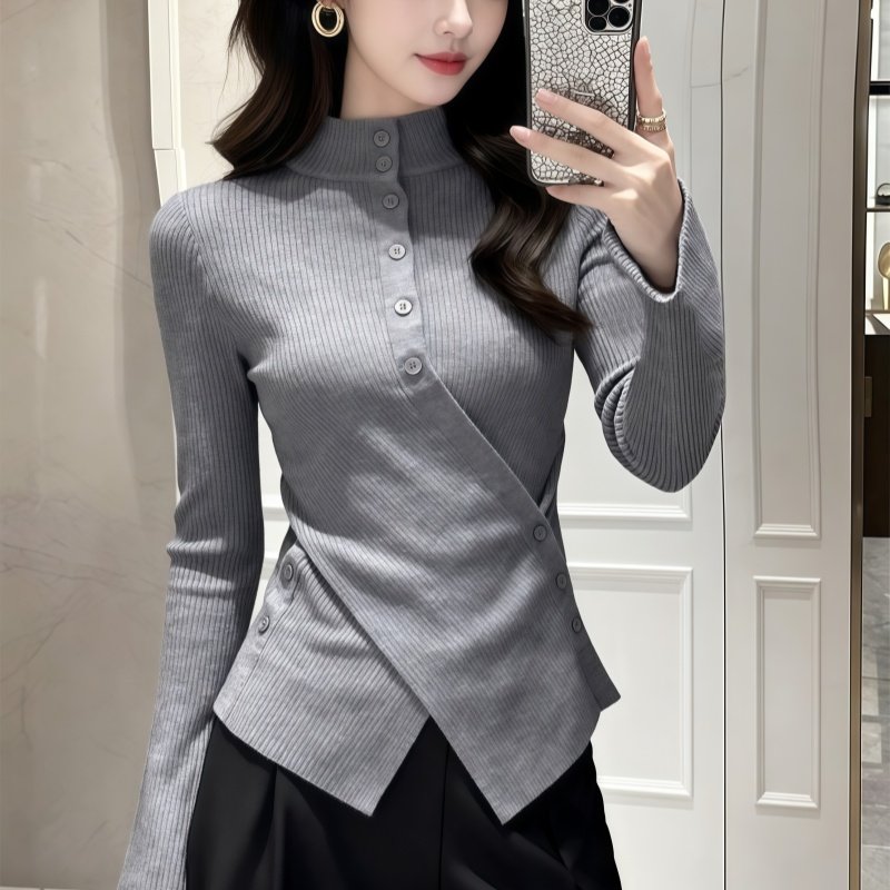 罗芬面料故事旗舰店女装秋季半高领收腰针织衫修身显瘦设计感上衣