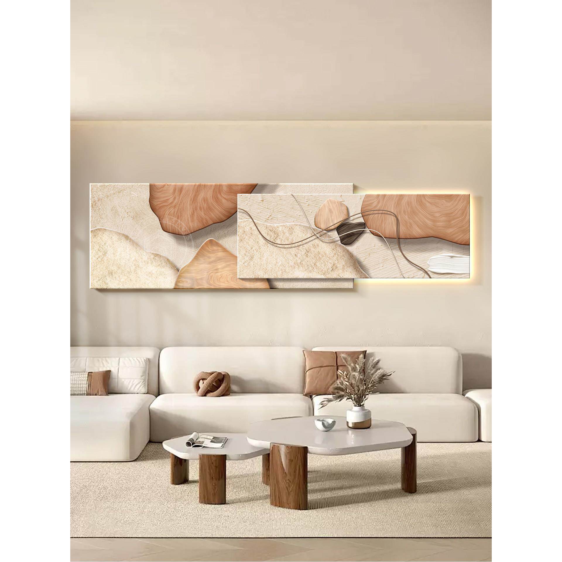 奶油风客厅装饰画原木侘寂石来运转肌理大气高级感沙发背景墙挂画