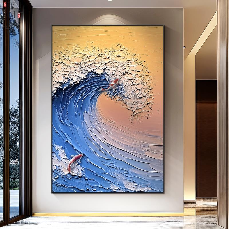 《鱼跃龙门》锦鲤海浪大气客厅装饰画大芬村玄关入户门抽象挂画