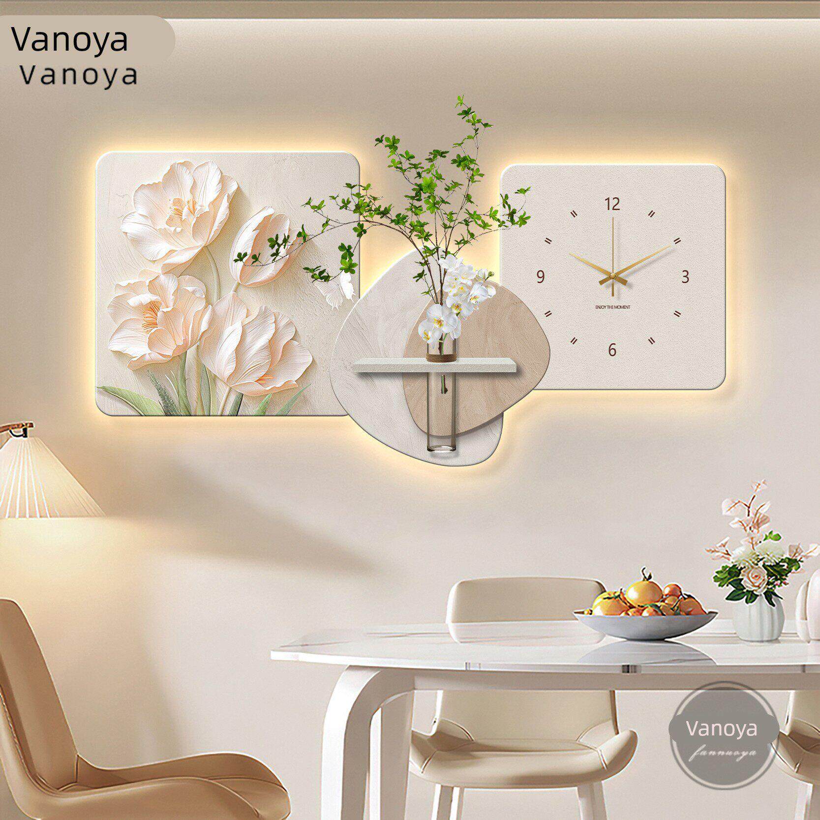 创意砂岩水培绿植餐厅装饰画带灯光时钟奶油风客厅餐桌背景墙挂画