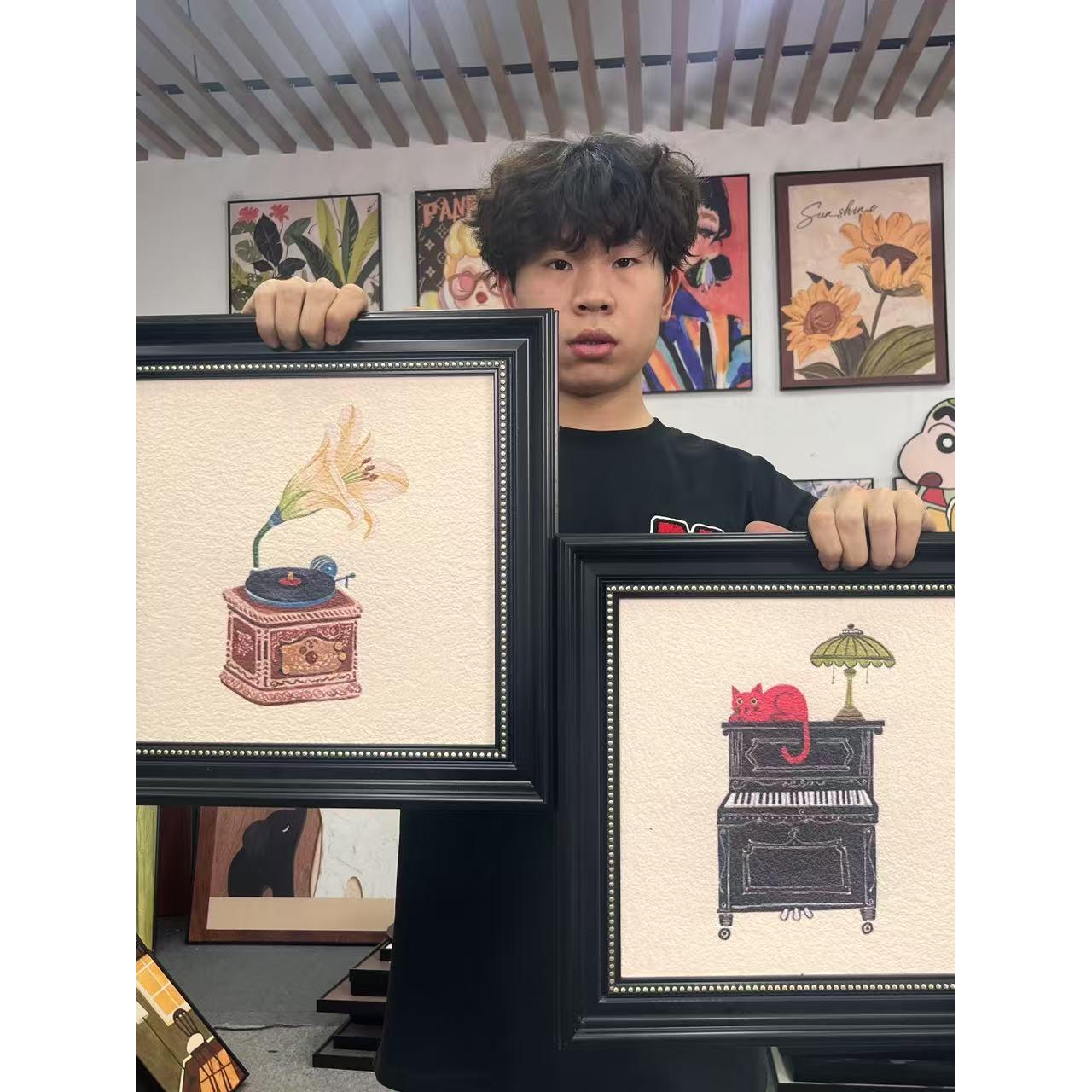 法式覆古留声机钢琴覆古装饰画S085轻奢入户玄关美式风两联4040