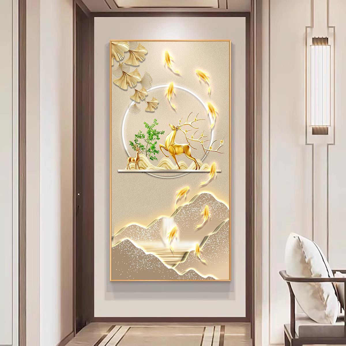 福鹿临门羽毛山水玄关画轻奢入户门走廊挂画高级感现代简约风