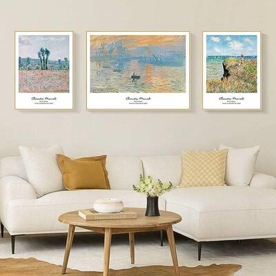 莫奈《日出印象》客厅沙发背景墙面装饰画三联画油画挂画壁画法式