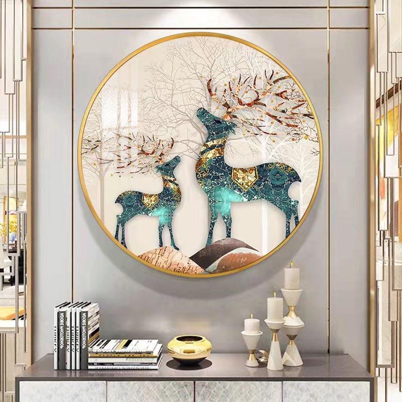 进门客厅圆形抽象麋鹿风景玄关背景墙装饰画创意壁画大气餐厅挂画图片
