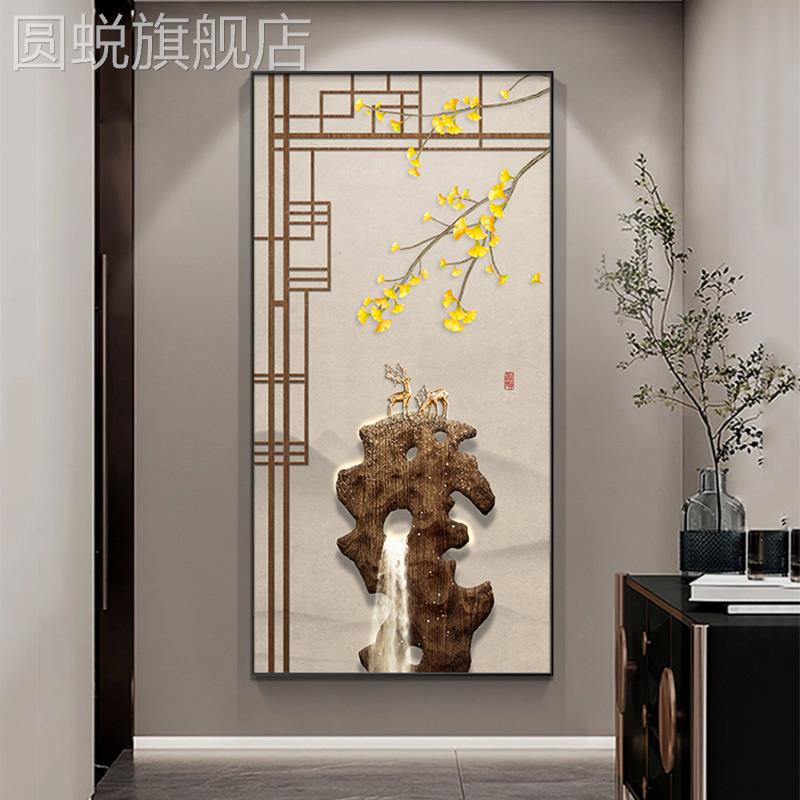 新款金鹿高升玄关装饰画新中式银杏叶走廊过道大气茶室背景墙壁画
