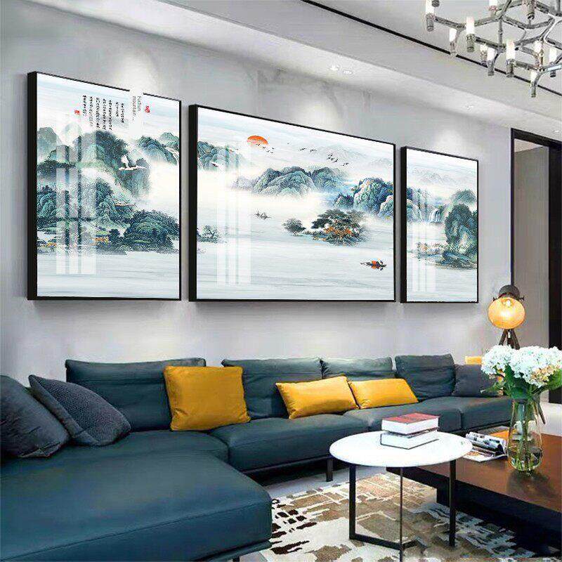客厅装饰画中式山水画沙发背景墙画壁画挂画三联画字画风景国画