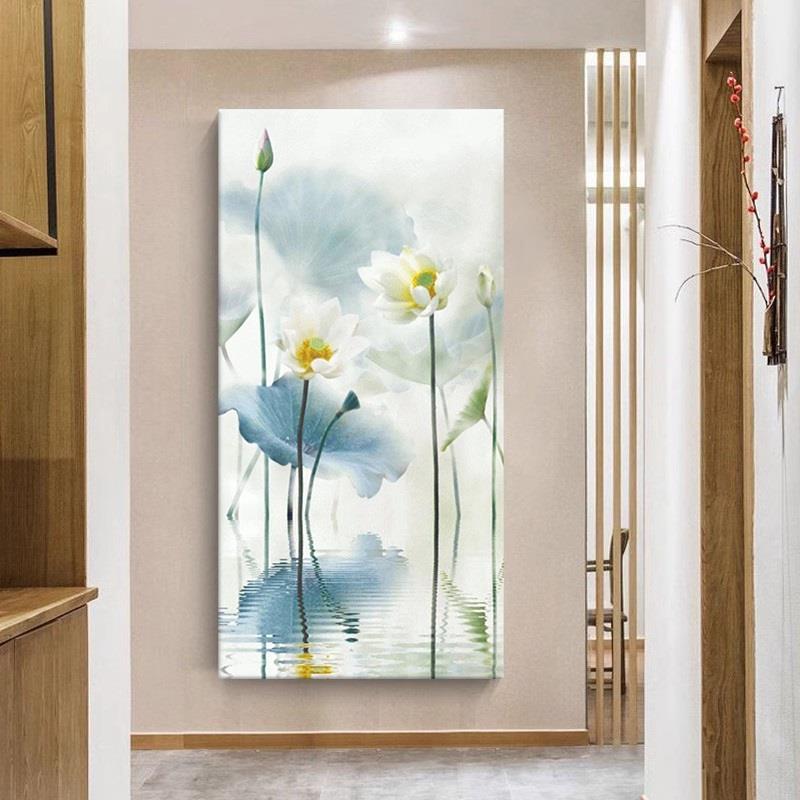 网红荷花新中式纯手绘油画荷叶玄关装饰画客厅抽象蓝色花卉肌理画图片