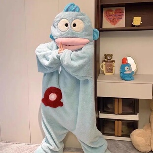 七彩小鱼冬季加绒加厚宽松卡通保暖抽象搞怪爆款丑鱼连体家居服