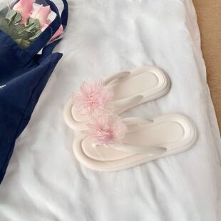 夏季 ins风甜美粉色纱花人字拖新款 防滑海边沙滩居家EVA软底夹脚拖