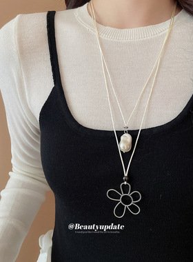 银色镂空花朵珍珠项链小众设计