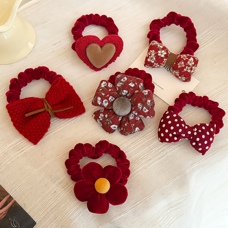 儿童新年红色花朵蝴蝶结发圈