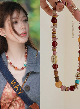 彩色天然石串珠项链毛衣链锁骨链
