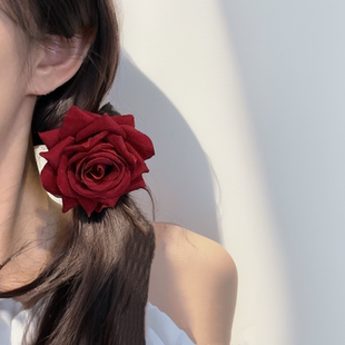 红色玫瑰花朵猪大肠发圈法式复古韩系肥肠头绳侧马尾头花过年头饰