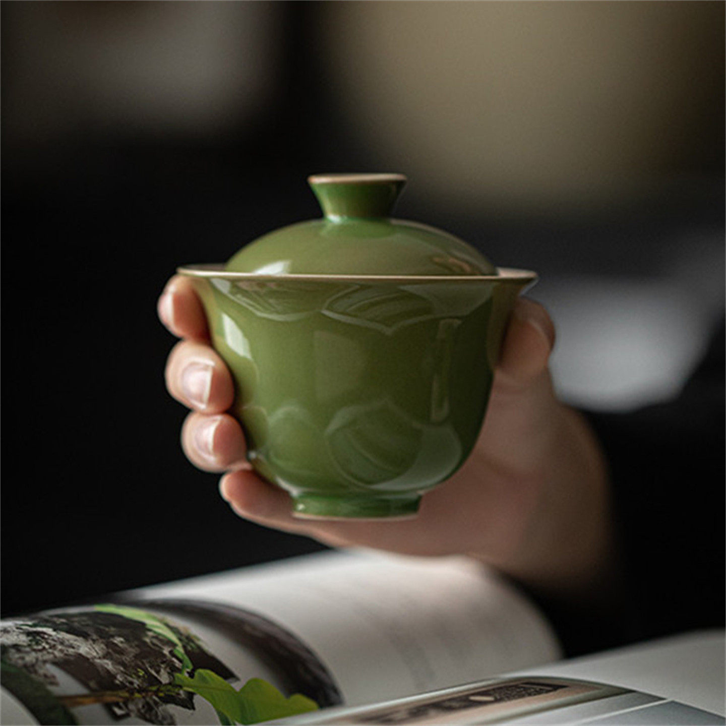 尚品阁丨竹青色陶瓷盖碗茶杯仿古泥双线泡茶器传统色茶室主泡茶碗