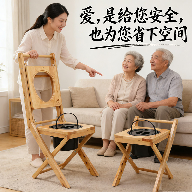 可折叠孕妇坐便椅老人坐便器便携式移动马桶简易实木质厕所凳家用
