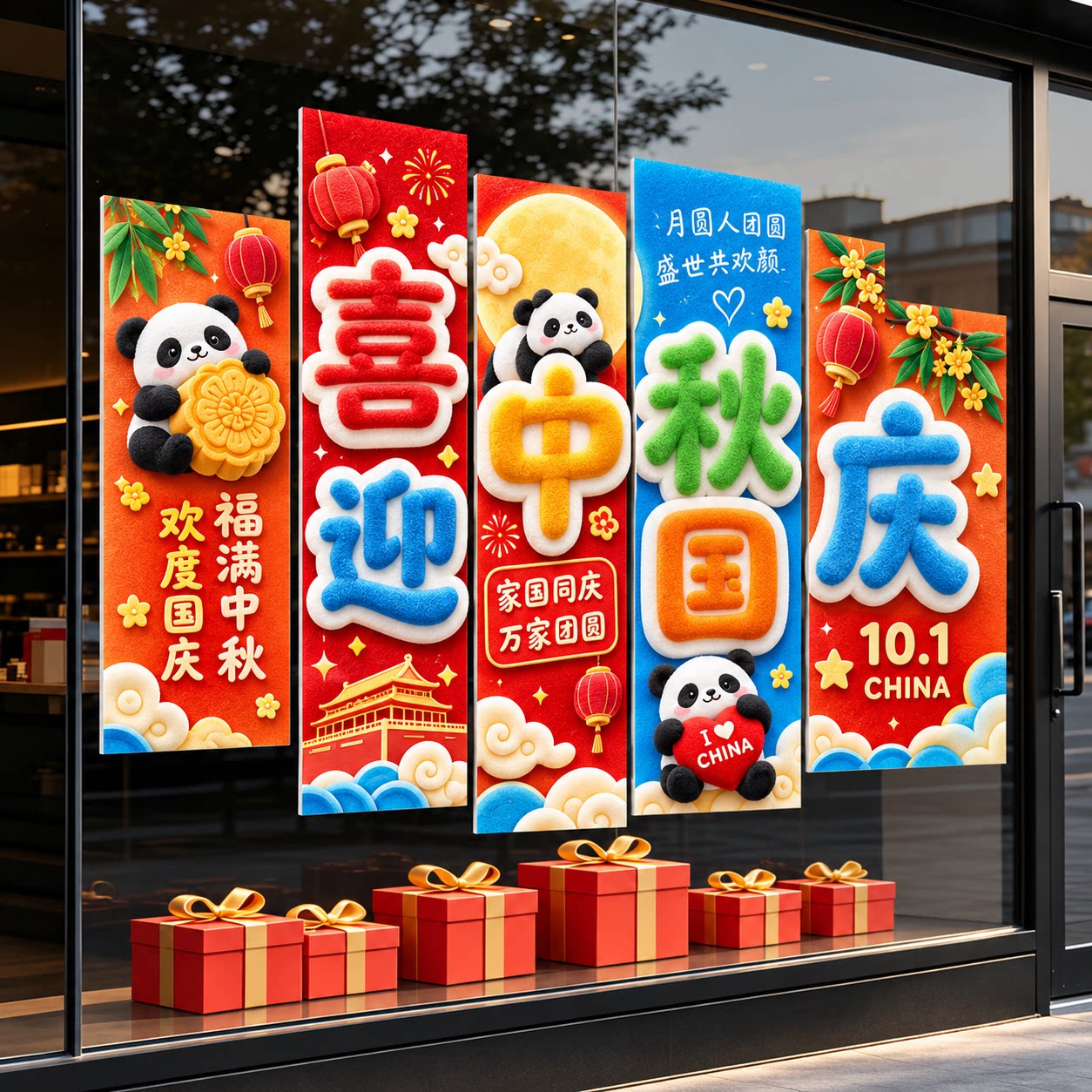 国庆中秋双节氛围场景布置装饰商场店铺橱窗文化墙贴背景墙雪弗板