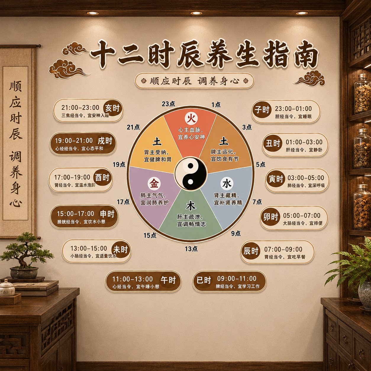 中医馆氛围布置养生软装饰挂画十二时辰文化背景药食同源展示墙面图片