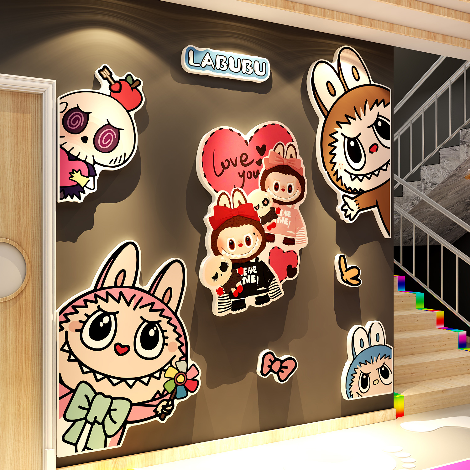 幼儿园墙面装饰儿童房间布置labu主题托管楼梯多巴胺贴画环创成品