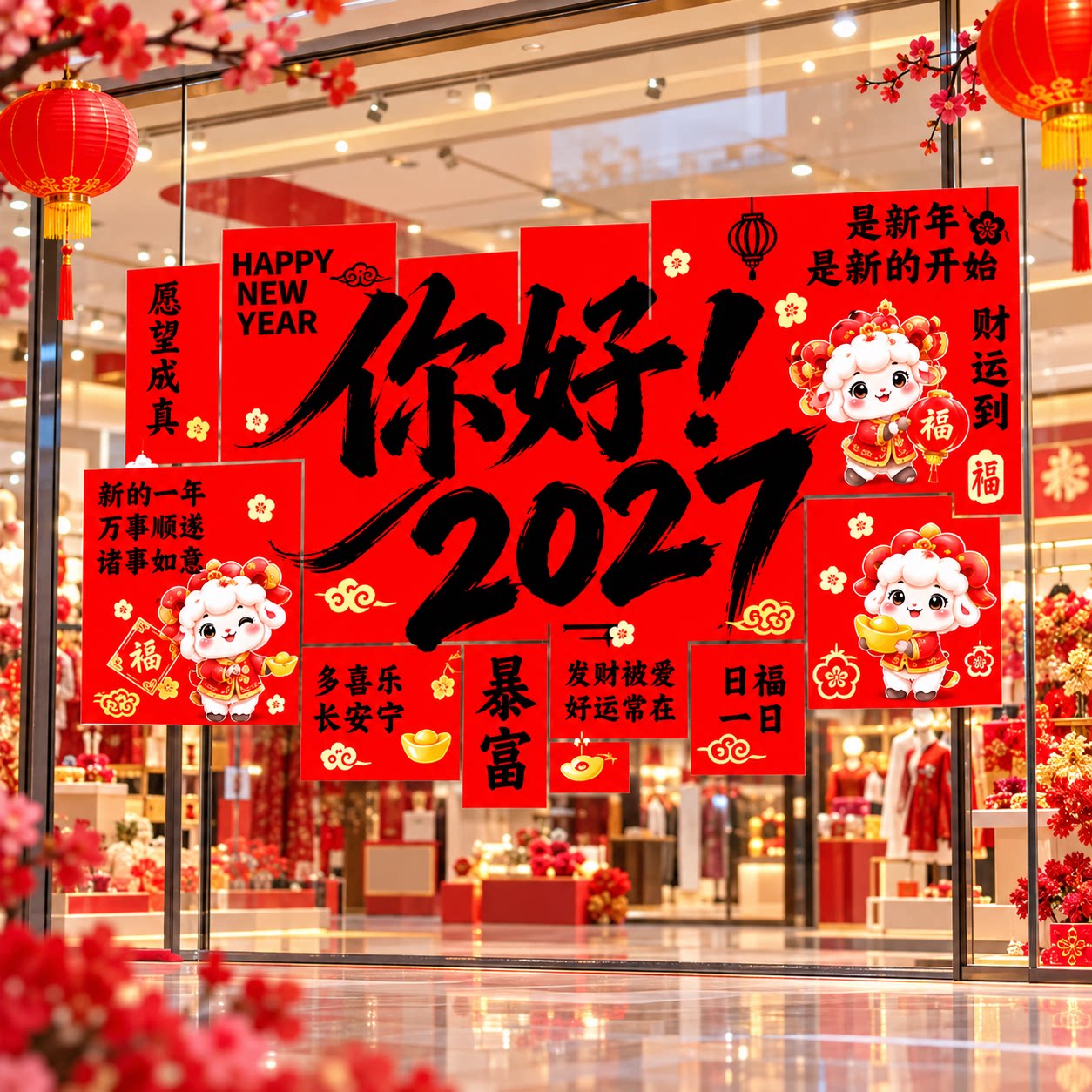 2027新年装饰羊年春节过年商场店铺门口氛围背景网红打卡墙贴布置