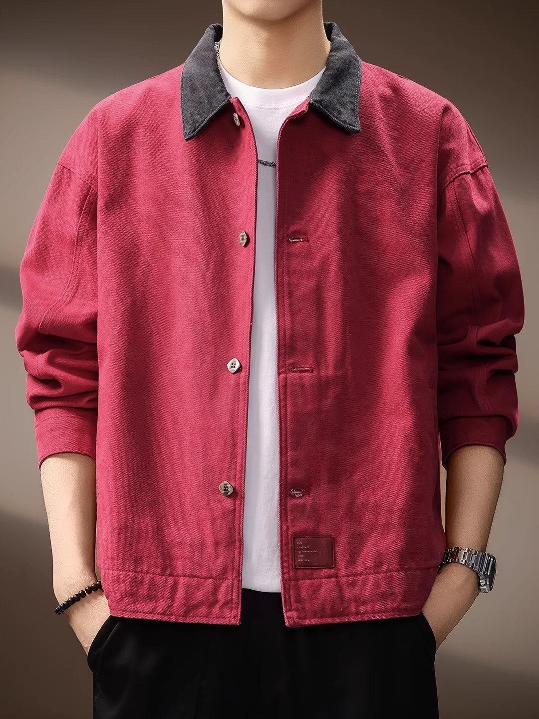 意大利重磅覆古玫红夹克男士秋季新款日系拼接翻领宽松休闲外套,男装,夹克,淘宝优惠券,粉丝福利购,淘宝优惠卷