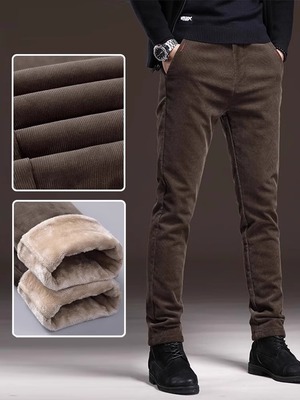 意大利高端咖啡色灯芯绒休闲裤男冬季加绒加厚修身直筒条绒长裤子