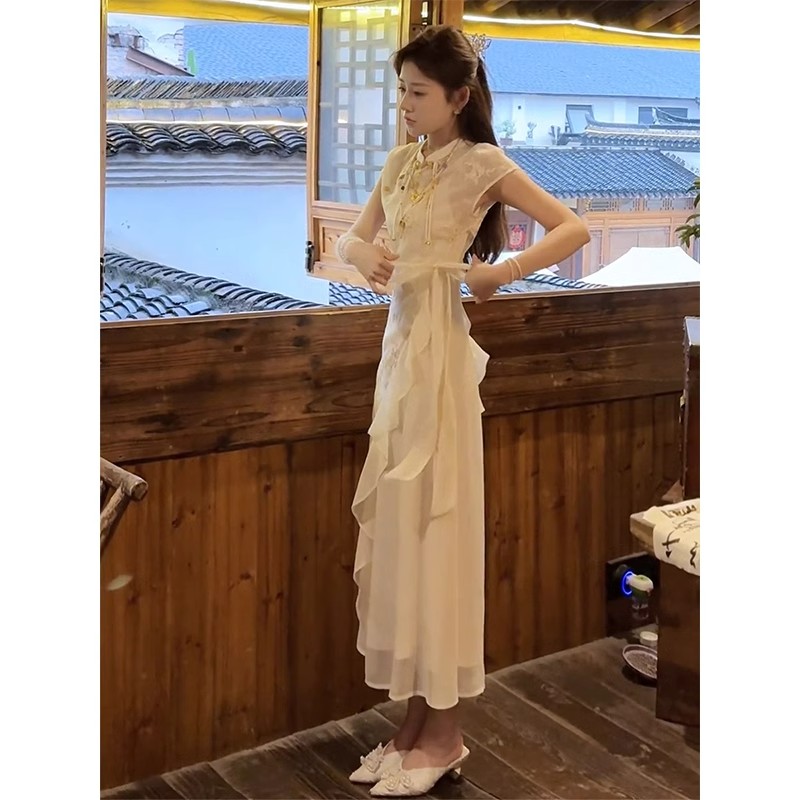 新中式国风禅意改良旗袍连衣裙两件套装女夏季设计感收腰显瘦长裙