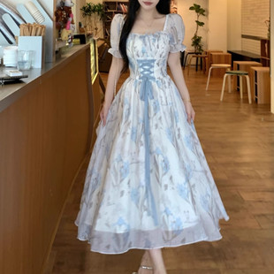 大码 收腰系带仙女度假连衣裙 甜美温柔风蓝色碎花裙子夏季 胖mm法式