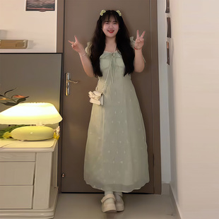 长裙 大码 法式 温柔荷叶边拼接连衣裙夏季 微胖mm显瘦高级感收腰短袖
