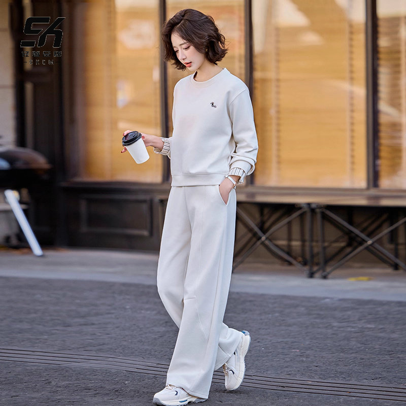 休闲运动刺绣拼接套装女2025春秋显瘦好看卫衣休闲百搭弯刀阔腿裤