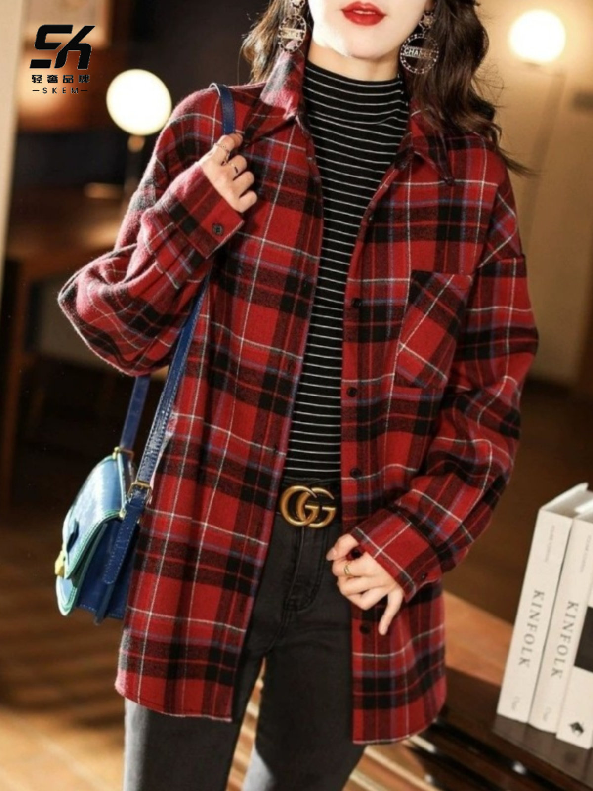 红色磨毛中长款外套女士2025秋冬季新款时尚减龄翻领格纹衬衫上衣
