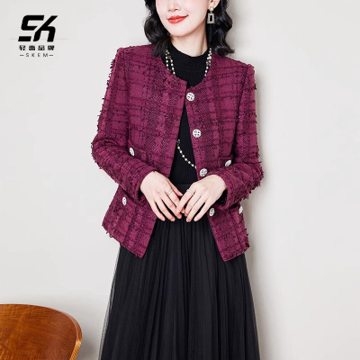 小香风外套女2025新款时尚紫红色