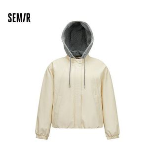 森马冬季连帽羽绒服女90绒PU皮连帽拼接短款外套107725113001